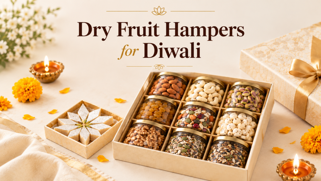 Dry fruit hampers for Diwali featuring almonds, cashews, kaju katli, makhana, pistachios, raisins, seeds and walnuts