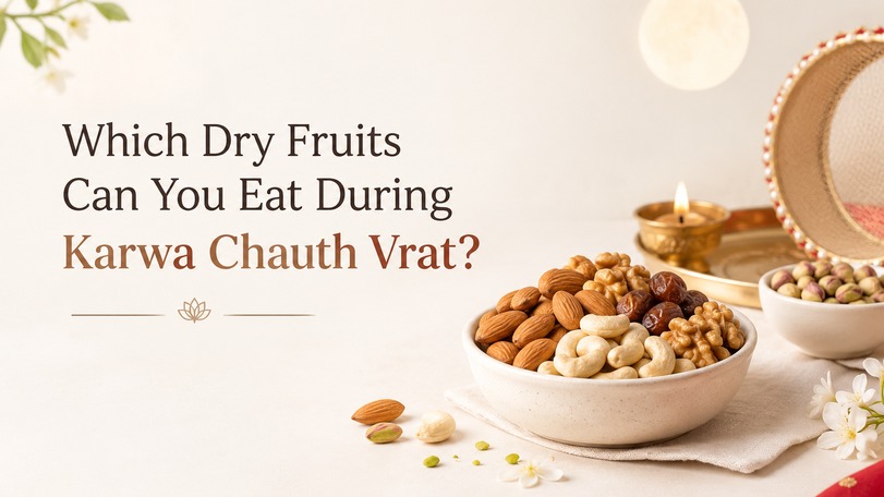 Dry fruits for Karwa Chauth vrat with almonds, cashews, walnuts and a festive thali